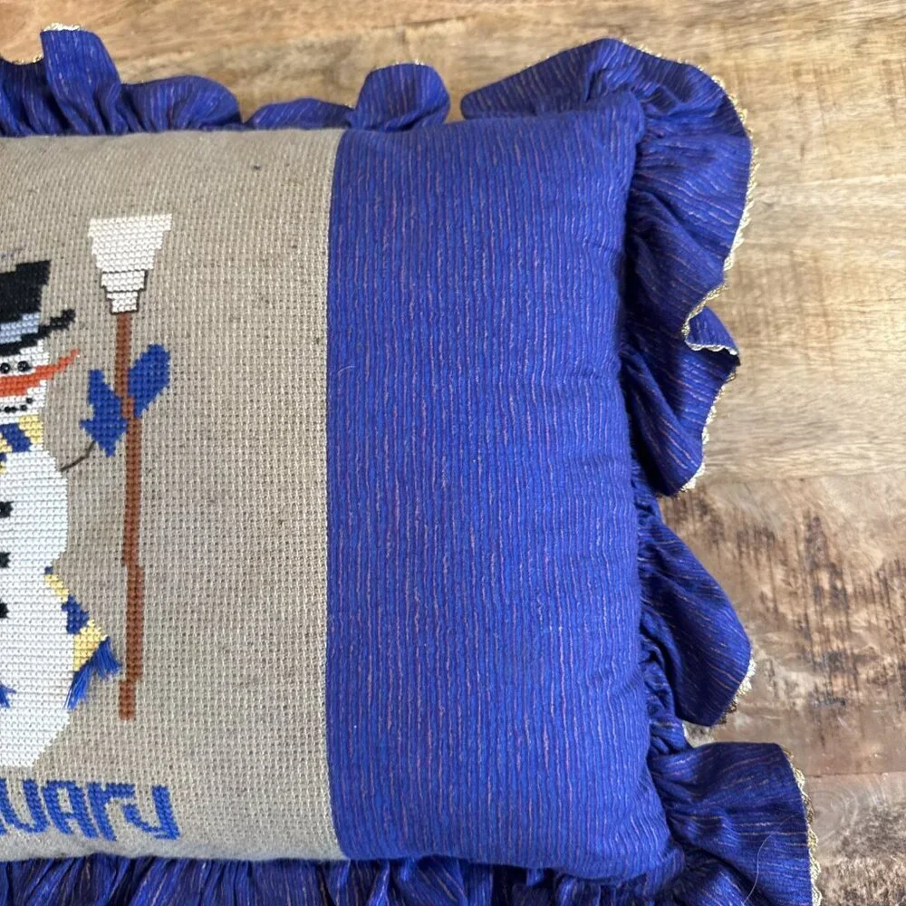 Vintage Cross Stitched Snowman Throw Decorative Pillow Purple Ruffled January